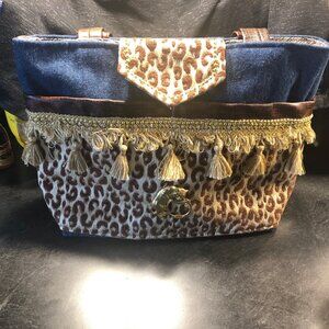 NWT Denim and Animal Print handmade bag by Marcia has a gold colored cat pendant